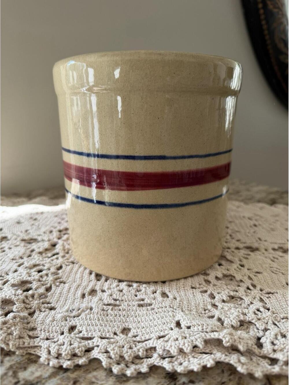 Robinson Ransbottom Yellow Ware W/Blue & Red Stripe Crock/Utensil Jar
